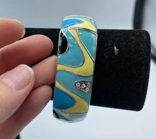 Vintage Blue & Yellow Swirl Enamel Stretch Bracelet - Image 6