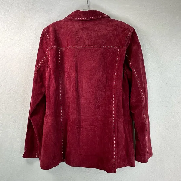 Denim & Co Burgundy Washable Leather Jacket Contrast Stitch Barn Coat Large Flaw - Image 2