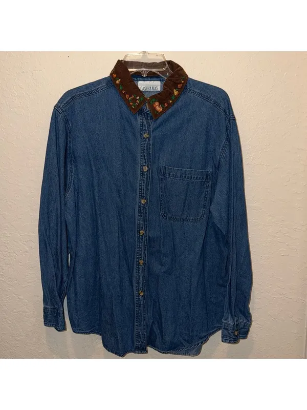Vintage 90s Denim Shirt Corduroy Pumpkin Embroidered Jean Shirt cottagecore - Image 4