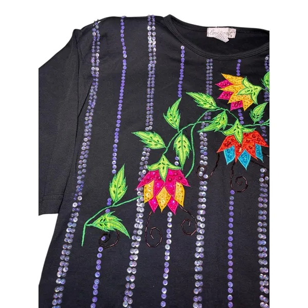 Eminent‎ Womens Black Floral Sequin 1/2 Sleeve Blouse Top Size M - Image 4