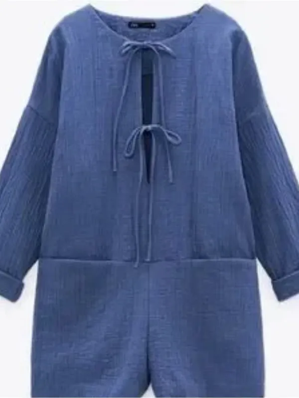 Zara Tie Front Cotton Gauze Coastal Blue Textured Romper - Image 4