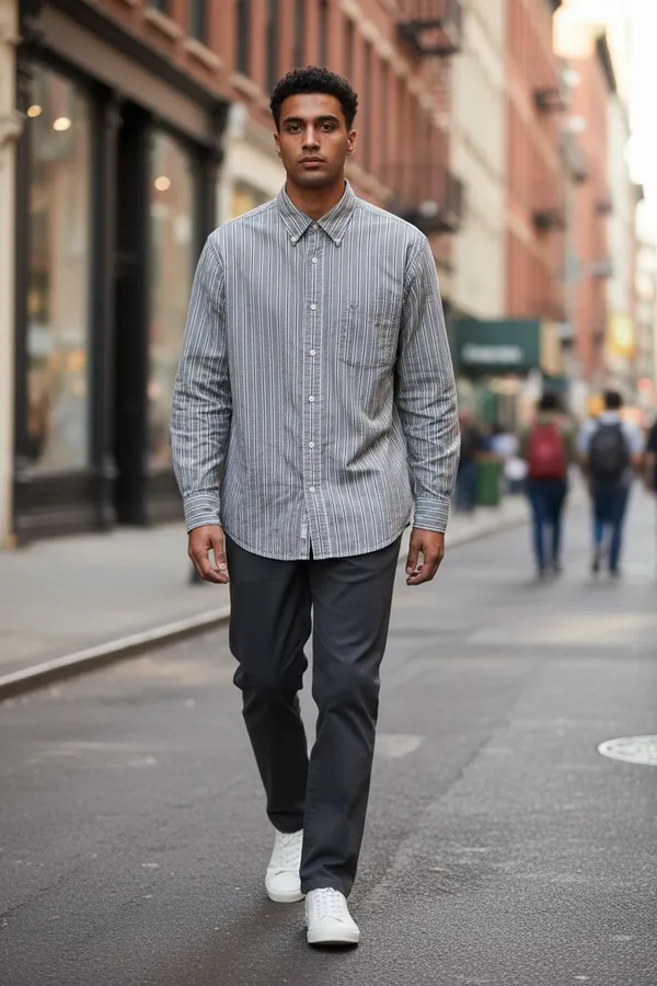 Aéropostale Men's Gray & White Striped Long Sleeve Button Down Shirt - Size L - Image 3