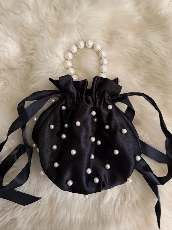 Boutique Pearl-Handle Black Satin Drawstring Satchel - Image 2