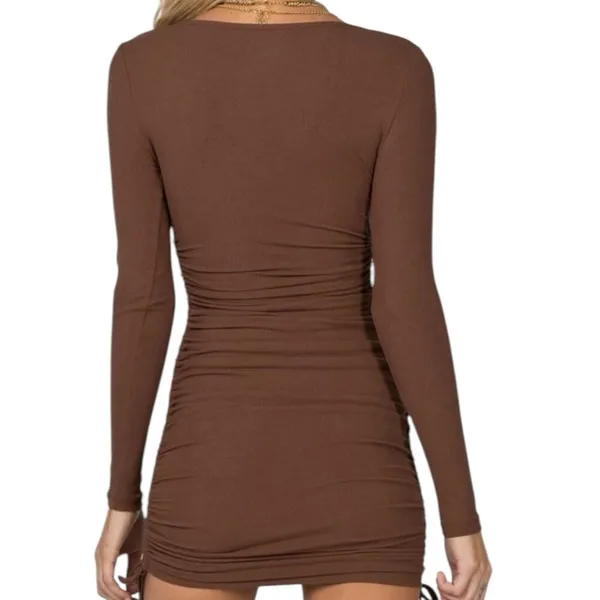Princess Polly Brown Neive Long Sleeve Ribbed Ruched Mini Dress Size 6 - Image 3