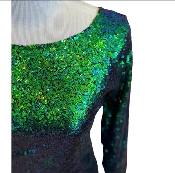 Green Multicolor Sequin Long Sleeve Dress Mini Disco Holiday Party S Vneck Back - Image 3
