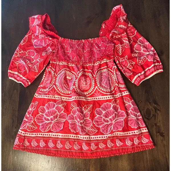 Farm Rio Summer Sunrise Mini Dress Small Red Smocked Puff Sleeve Tropical Summer - Image 5