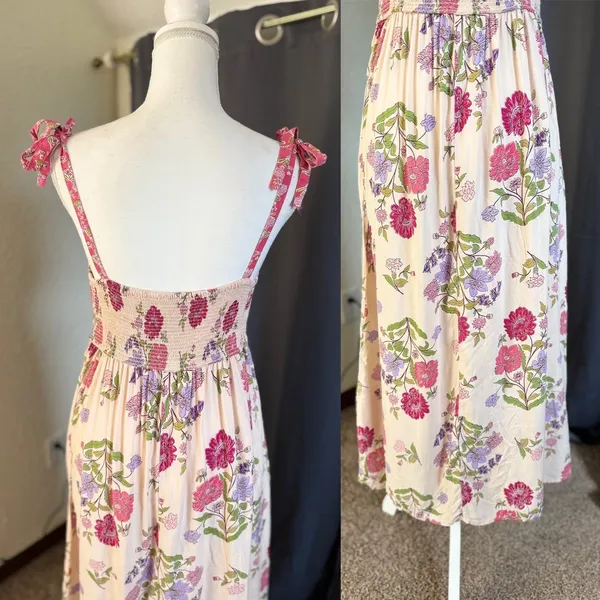 Patrons of Peace Floral Tie Strap Midi Dress Boho Cottagecore Smocked Medium - Image 9