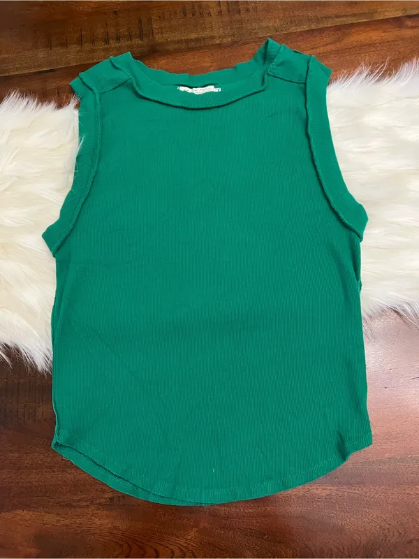 Free People Green Ribbed Tank Top XL Sleeveless Stretch Cotton Basic - Image 2