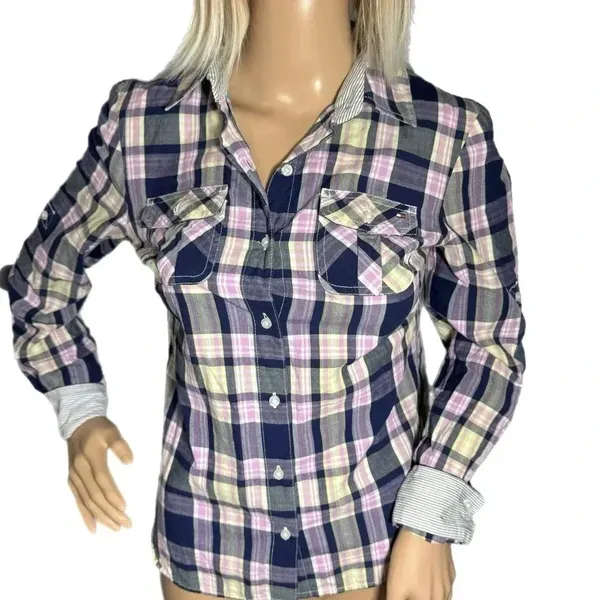 TOMMY HILFIGER Shirt Womens Small Purple Plaid Long Sleeve Button Front Top - Image 3