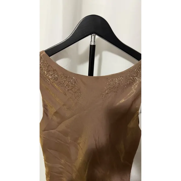Davids Bridal Bronze Gold Metallic Beaded V-Neck Sleeveless Maxi Evening Gown - Image 6