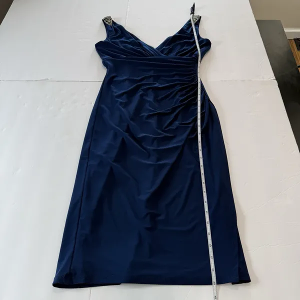 Ralph Lauren Navy Blue Ruched Sleeveless Rhinestone Stretch‎ Sheath Dress Size 4 - Image 8