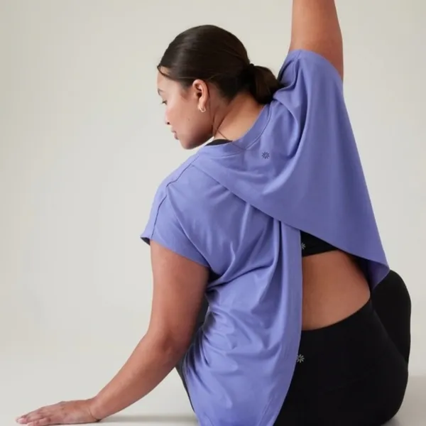 Athleta Explore Tee Adonis Blue V-Neck Split Tie Back Cap Sleeve Top 586522 L - Image 5