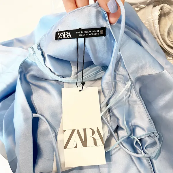 ZARA Satin Corset Style Top Sleeveless Maxi Slip Dress with Slit Sky Blue Medium - Image 2