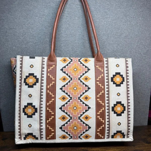 Wrangler Southwestern Canvas Tote Bag Large Aztec Print Faux Leather Trim Brown - Image 2