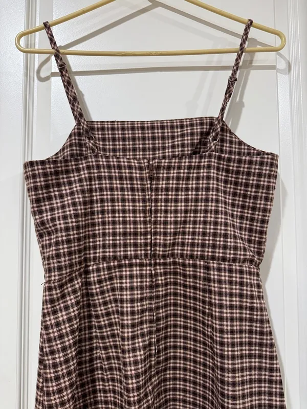 GB girls Brown Plaid Spaghetti-Strap Mini Dress with Subtle Cream Lines / AA43 - Image 5