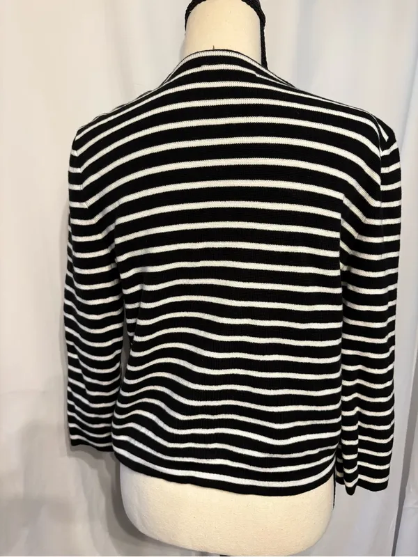 Chaps 100% Cotton Workwear Black & White Striped Zip-Front Cardigan Size M - Image 4