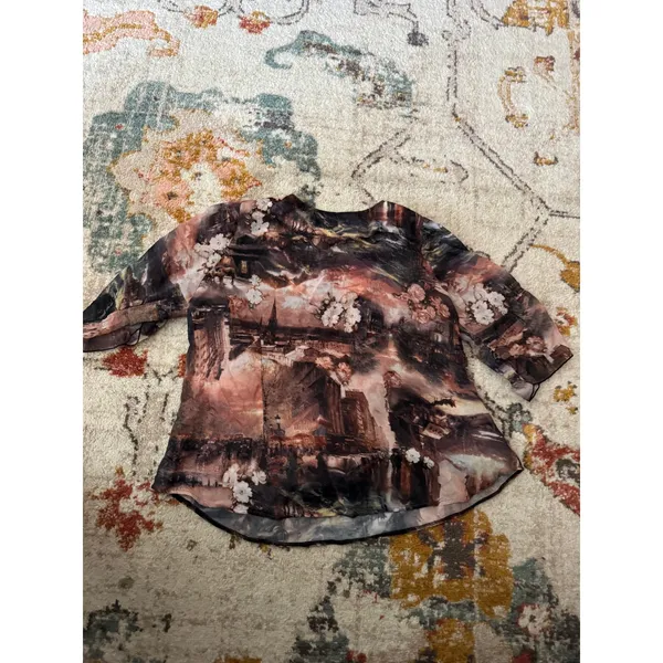 Vintage Sheer Landscape Floral Beaded Blouse Brown Earthy Art Print Top - Image 4