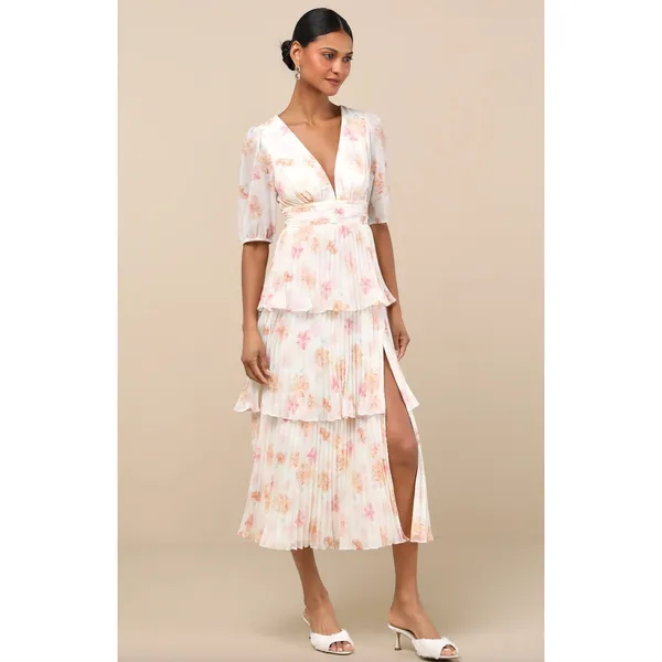 Lulus Jadia Ivory Floral Pleated Tiered Midi Dress Cocktail Party XL NWT - Image 4