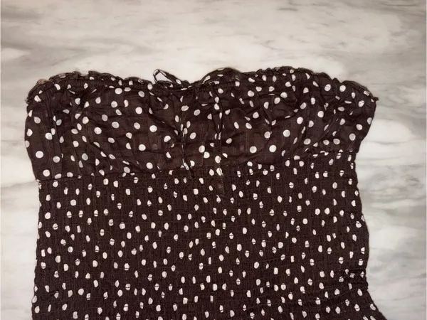 Wild Fable Brown White Polka Dot Strapless Smocked Tiered Mini Dress Medium NWT - Image 5