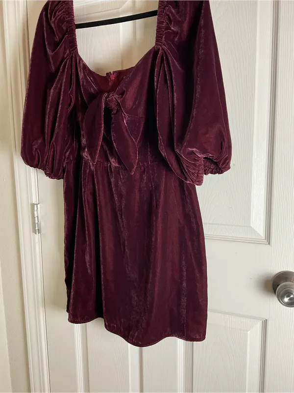 ASOS Velvet Tie-Front Puff Sleeve Mini Dress Plum Burgundy Size 12 - Image 3