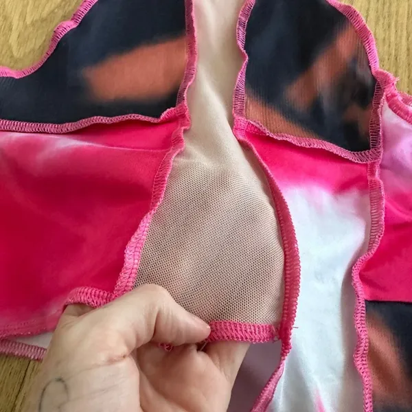 Asymmetrical Crop Top with Mesh Panel in Pink and Black - Image 2