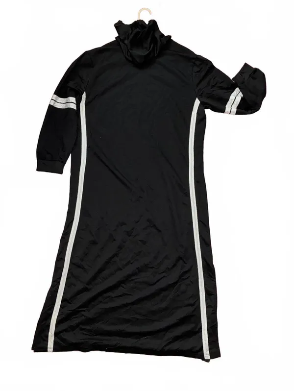 Black Drawstring Hoodie Maxi Dress White Contrast Racing Stripes 54”L - Image 2