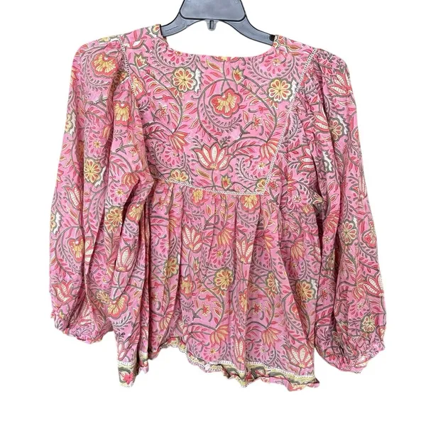 Sur La Vague 100% Cotton Pink Green Floral Blouse Size One Size - Image 4