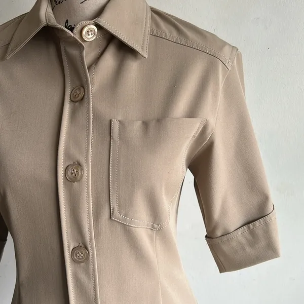 ZARA Short Sleeve Button Down Tan Tunic Top Sz XS NWT - Image 4