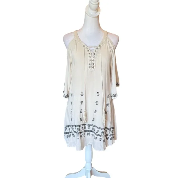 Lulus To the Sea Light Beige Embroidered Cold Shoulder Dress Womens Size Medium - Image 2