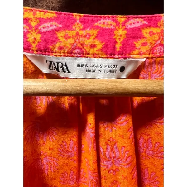 ZARA Boho Printed Tunic Beach Cover Up Mini Dress Orange Fuchsia Cotton S - Image 8