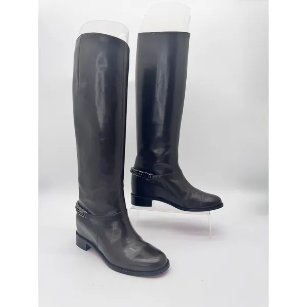 Christian Louboutin Cate Dark Brown Leather Riding Boots Chain Link EU 36 - Image 11