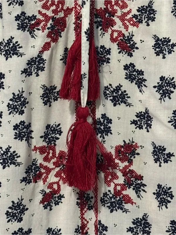 Boho Embroidered Tie-Front Peasant Top M 22” p2p White/Red & Navy Floral EU - Image 5