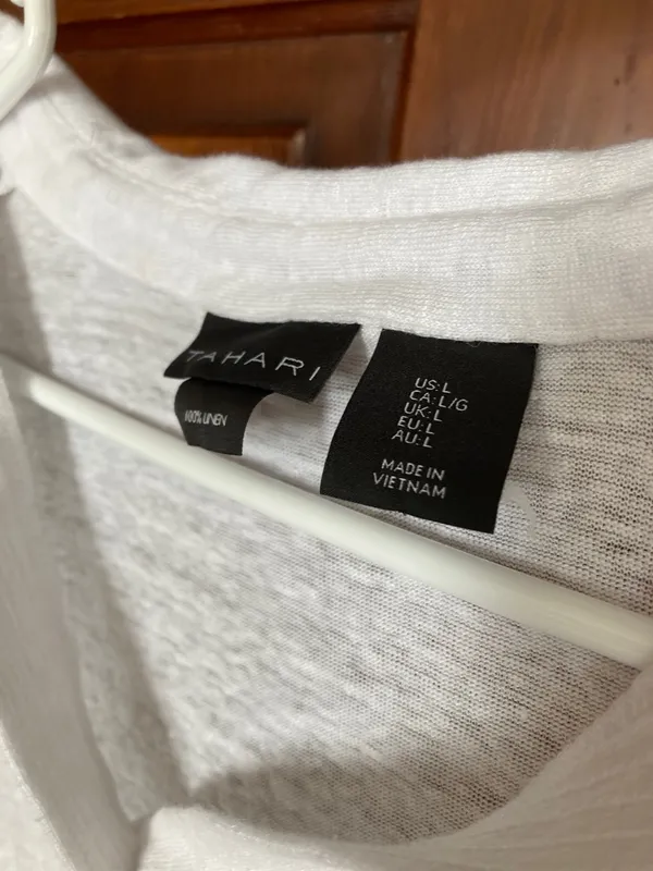 Tahari White Short-Sleeve Button Down Linen Collared V-neck Top Size L - Image 3