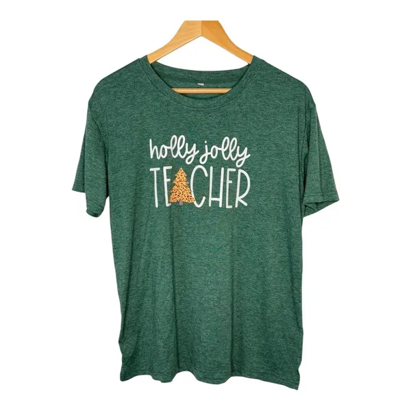 Holly Jolly Teacher Graphic T-Shirt Womens Large Green‎ Christmas Tee Leopard - Image 2