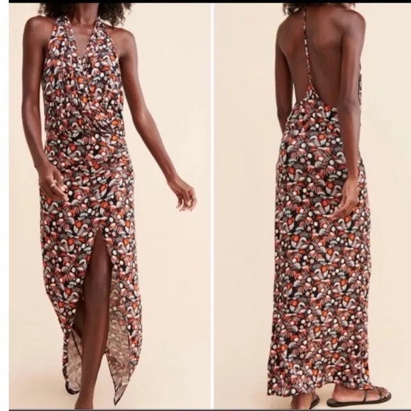 Free People Daria Orange Black Ivory Halter Jersey Stretch Dress S Reg $128 - Image 2