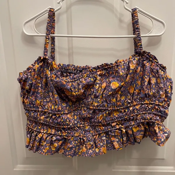 J.Crew Smocked Floral‎ Crop Top Purple Orange Cotton Womens XL Boho Peasant - Image 2