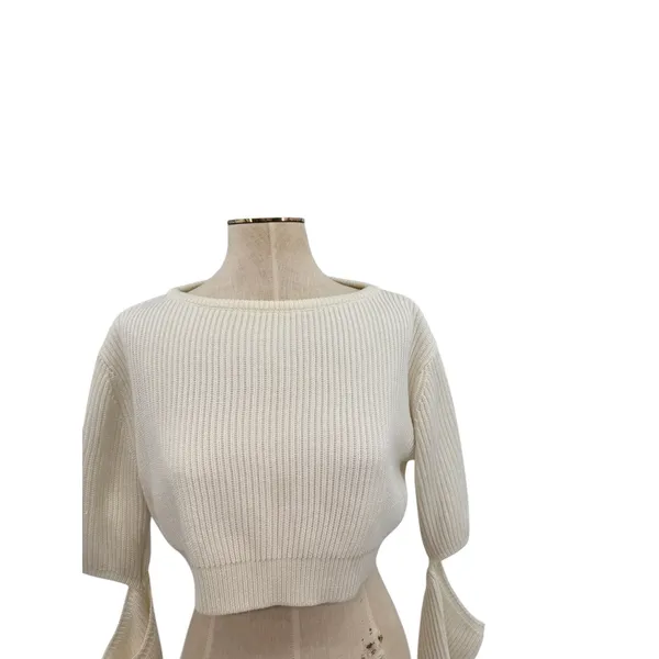 House of CB Tatum Crop Sweater Ivory Cutout‎ Sleeve Rib Knit Top Small - Image 3