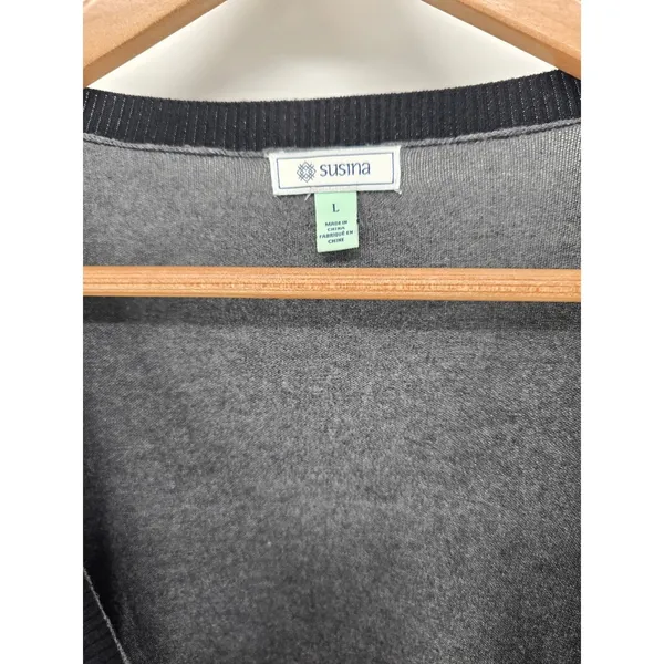 Susina Cardigan Womens Large V-Neck Gray Black‎ Contrast Trim 3/4 Sleeve EUC - Image 2