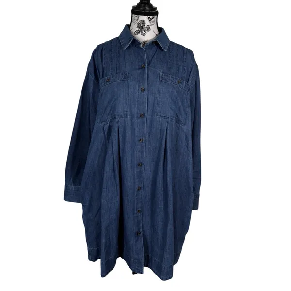 LOFT Denim Shirt Dress Women's SzM Blue Button Front Long Sleeve Casual Chambray - Image 2