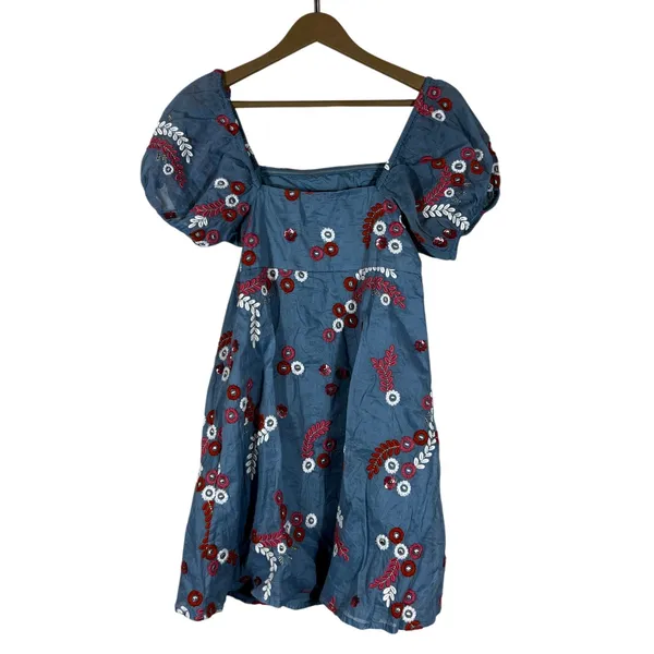 Let Me Be Anthropologie Laurel Floral Embroidered Mini Dress Blue Puff Sleeve XS - Image 6