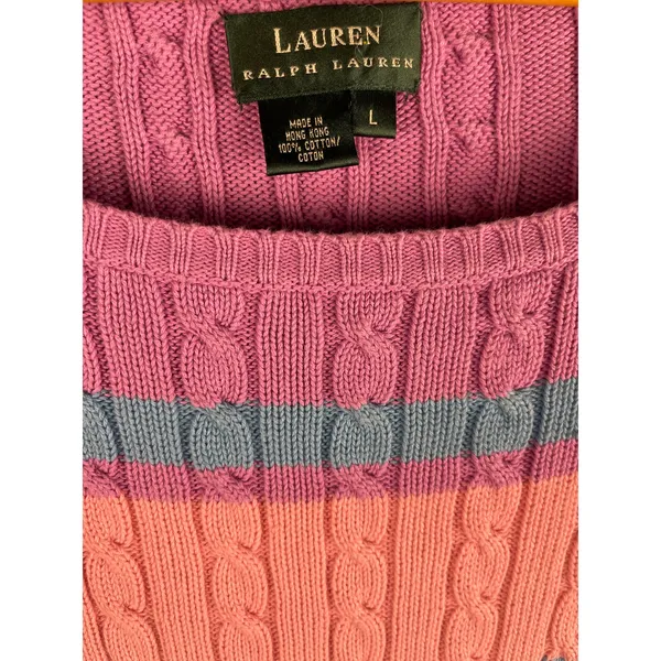 Vintage Lauren by Ralph Lauren Cable Knit Boat Neck Striped Sweater‎ Size Large - Image 7