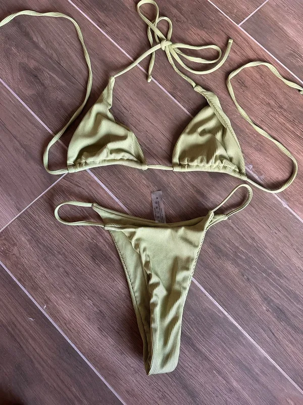 Olive Green Ribbed Triangle Bikini Set Size M Size M - Image 4