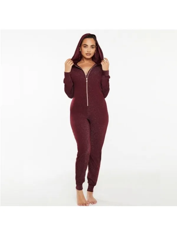 Savage X Fenty Sleep & Shine Hooded Jumpsuit Size Medium Burgundy Glitter‎ - Image 3