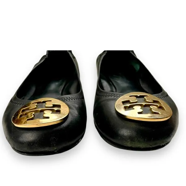 Tory Burch Reva Black Leather Ballet Flats Gold Logo Size 7.5 - Image 3