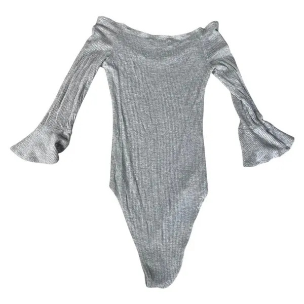 Abercrombie Fitch Gray Ribbed Off Shoulder Bell Sleeve Bodysuit Womens S - Image 4