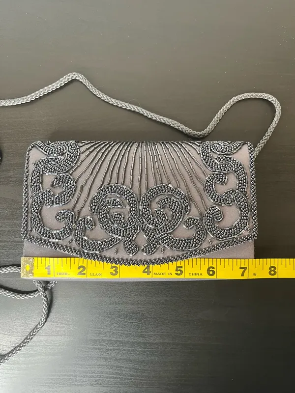 Y2K Beaded Clutch Handbag Gray Purple Evening Formalwear Purse La Regale Classic - Image 9