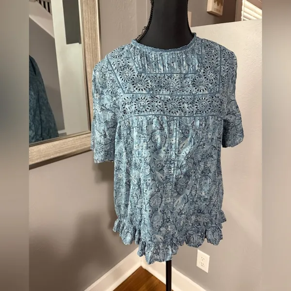 Frye Boho Peasant Eyelet Ruffle Trim Blue Top Size Large. - Image 2