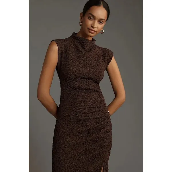 NWT!! ANTHROPOLOGIE Maya Ruched Cowl Neck Textured Midi Dress Chocolate Large - Image 4