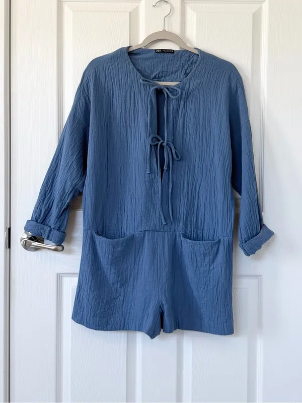 Zara Tie Front Cotton Gauze Coastal Blue Textured Romper - Image 5