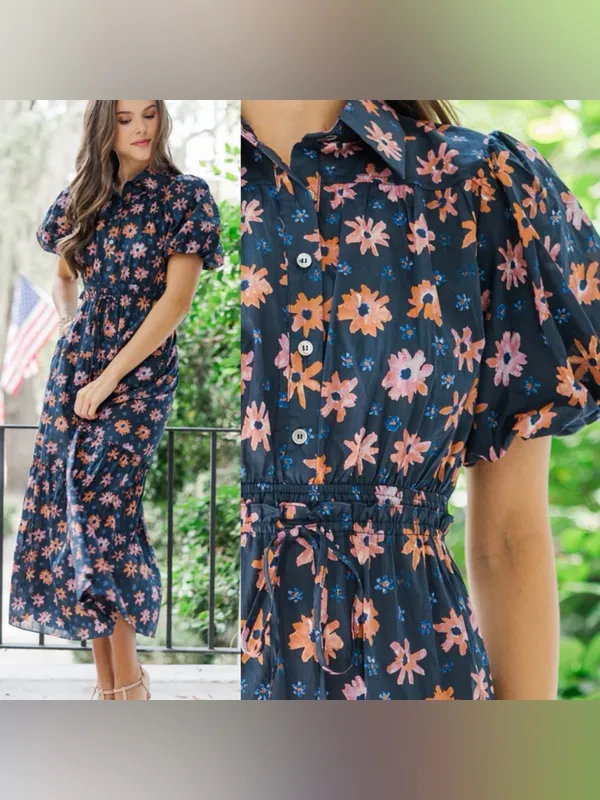 Pinch Looking Your Way Navy Blue Floral Cotton Midi Dress - Image 3